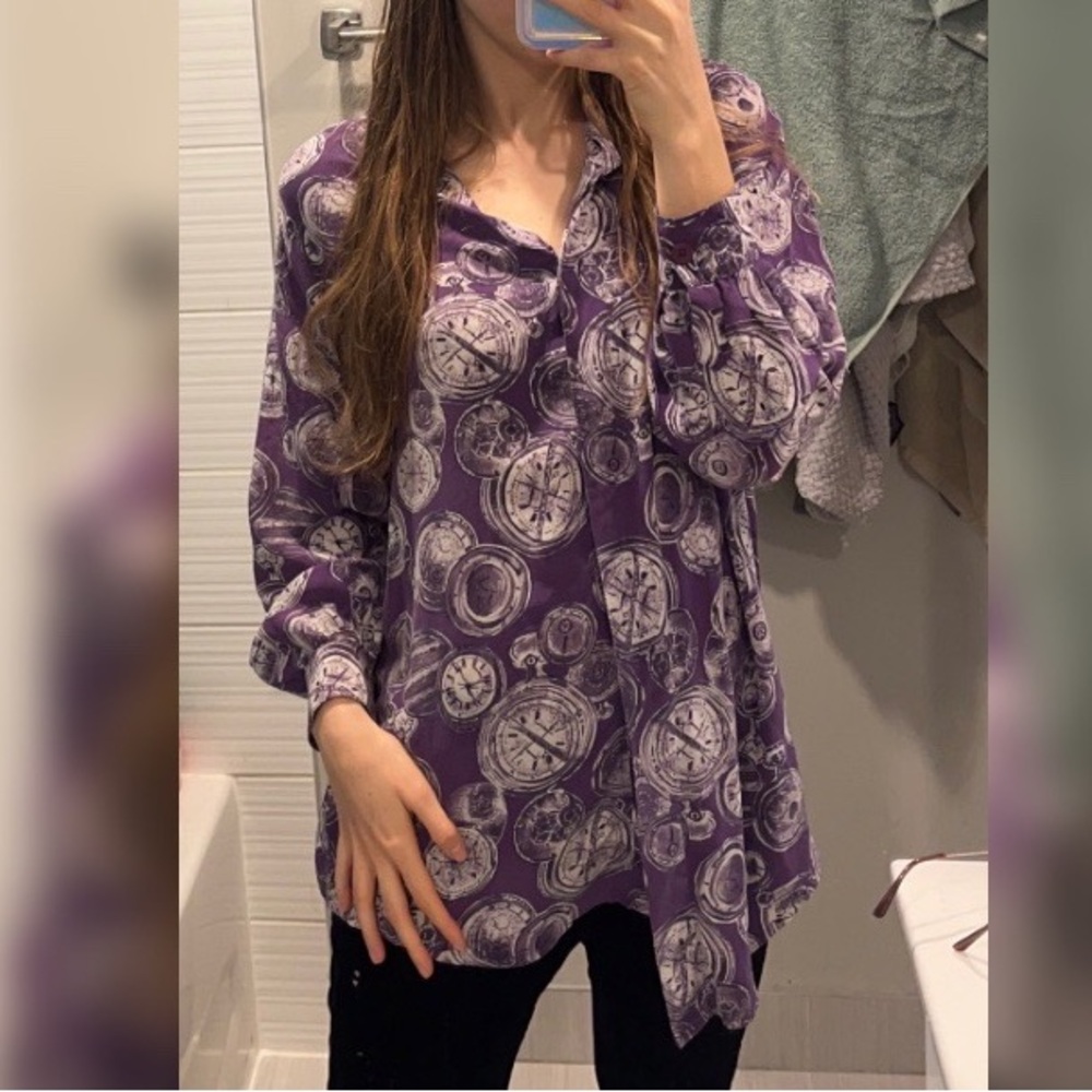 100% silk Purple and white pocket watch opened up mechanism print blouse